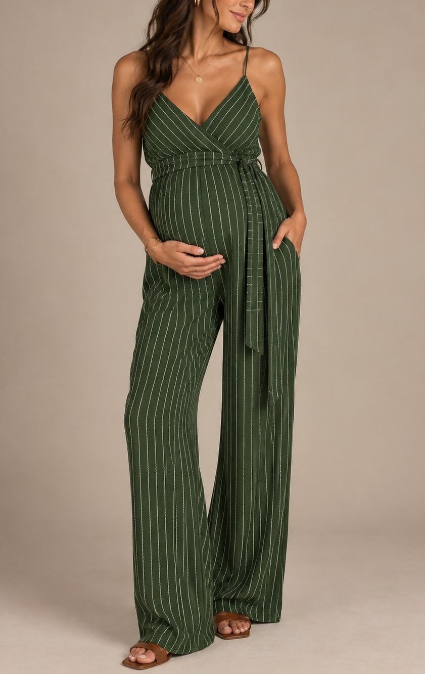 Kaileigh Rica Belted Maternity Jumpsuit Size XS Green Pinstripe Stretch Comfort